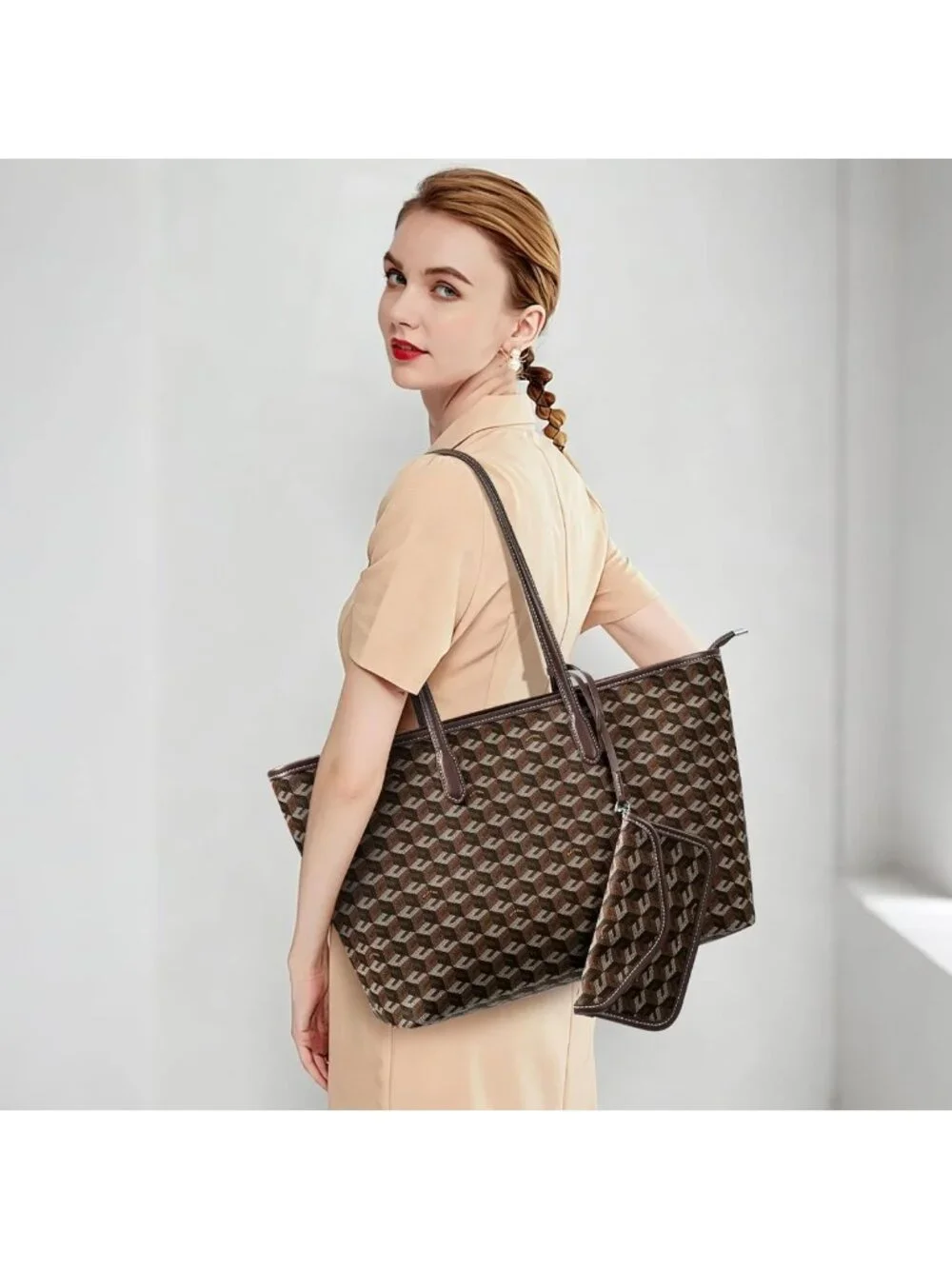 Stylish 3D Cube Tote Bag - Monogram Print Leather Weekender Shopper Handbag